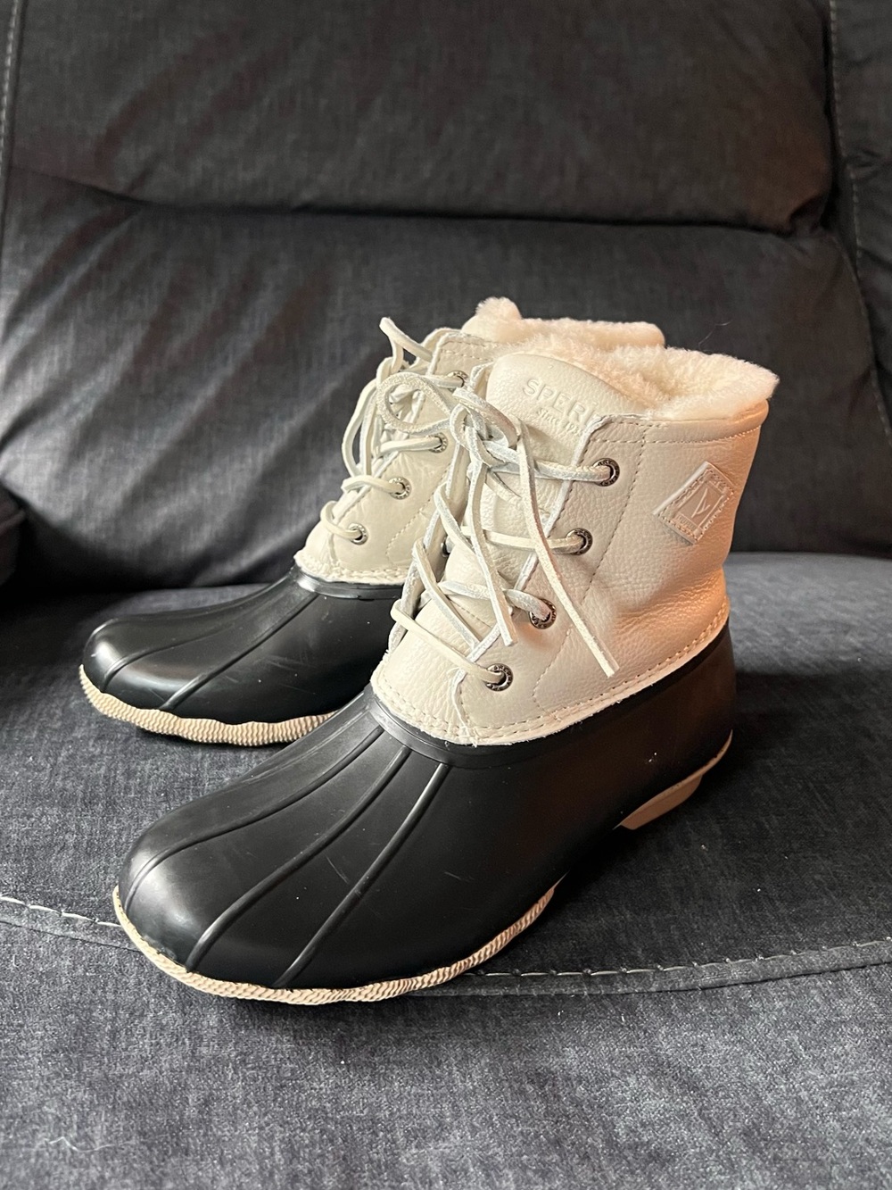 Sperry Two-Tone Lace-Up Waterproof Fur Lined Duck Boots - White & Black, Size 7